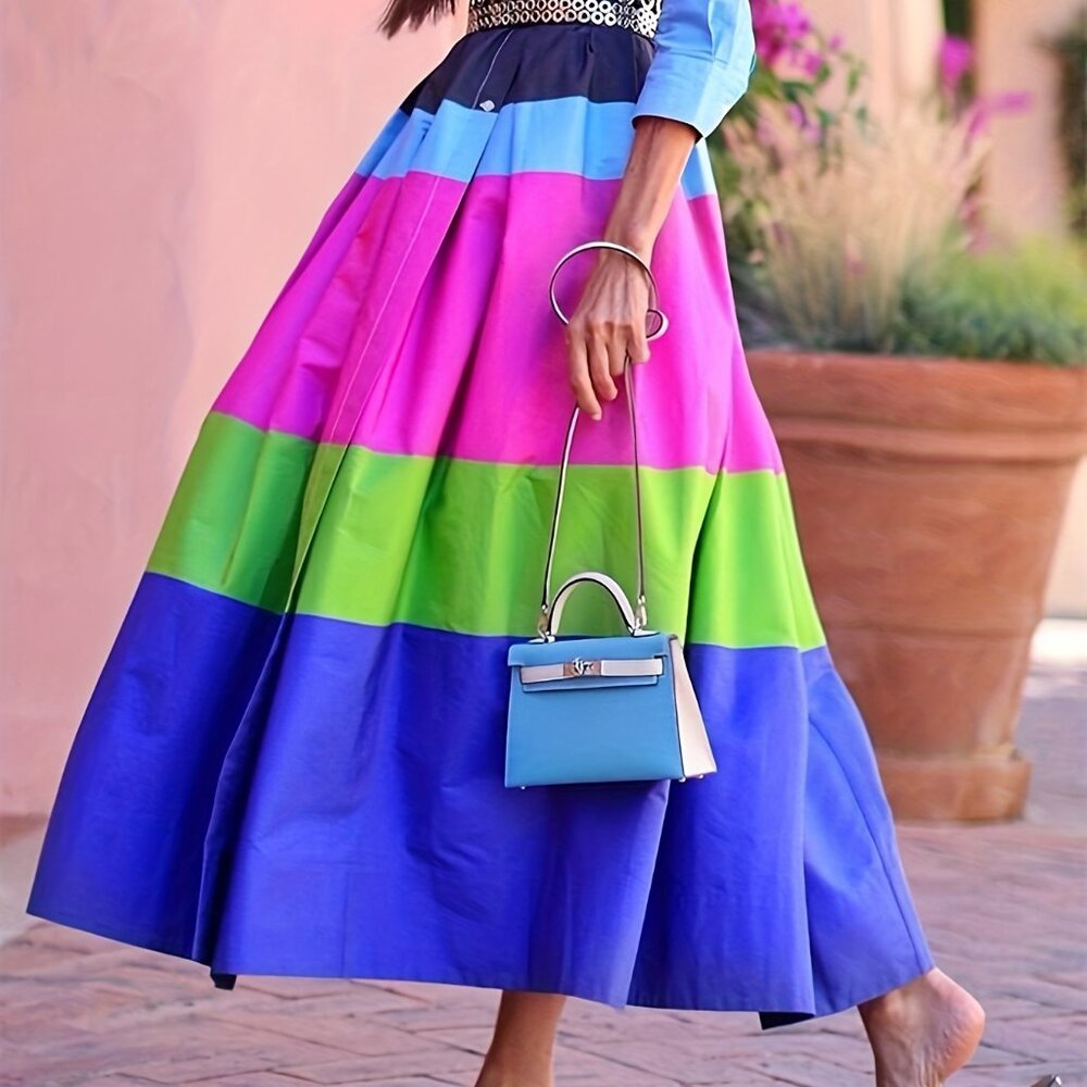 Lapel Long Sleeves Shirt Dress Multi-colored Striped A-line Maxi Dress - Picture 4 of 6